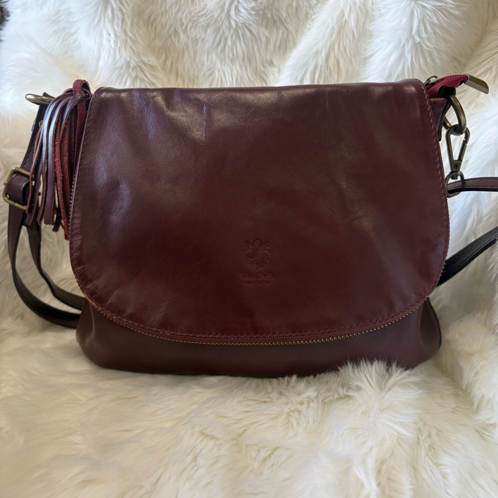 Genuine Italian Leather Crossbody Burgundy Vera Pelle Tassel Boho Vintage Style